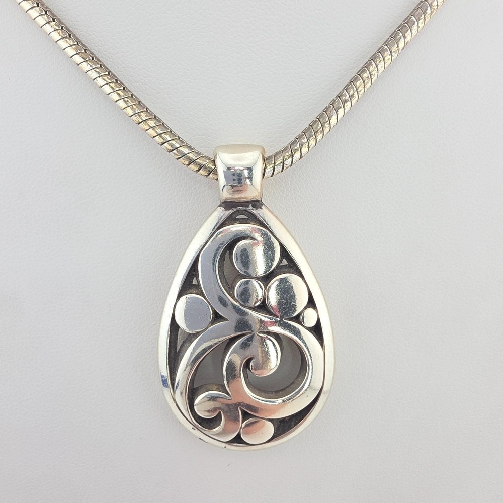 BRIGHTON Contempo Teardrop Necklace Thick Open Swirl Scrollwork Silver Plate 18"